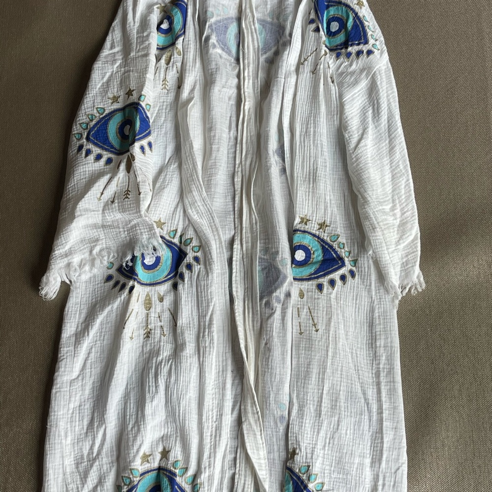 Anthropologie White Robe with Blue and Green Embroidery